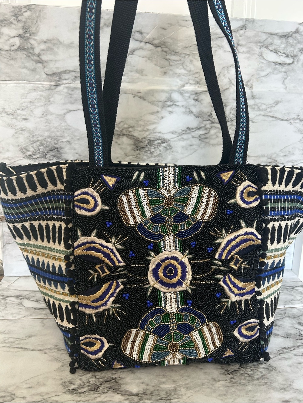 America & Beyond NWOT embroidered Beaded Butterfly Tote Bag with long strap